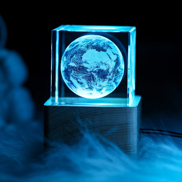 （实木灯座蓝牙款）创意3D内雕水晶摆件 月球地球星球发光小夜光 员工生日送什么
