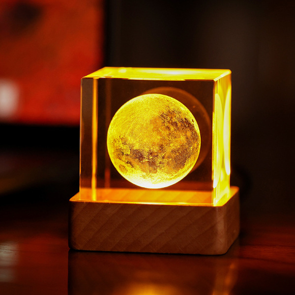 （实木灯座蓝牙款）创意3D内雕水晶摆件 月球地球星球发光小夜光 员工生日送什么