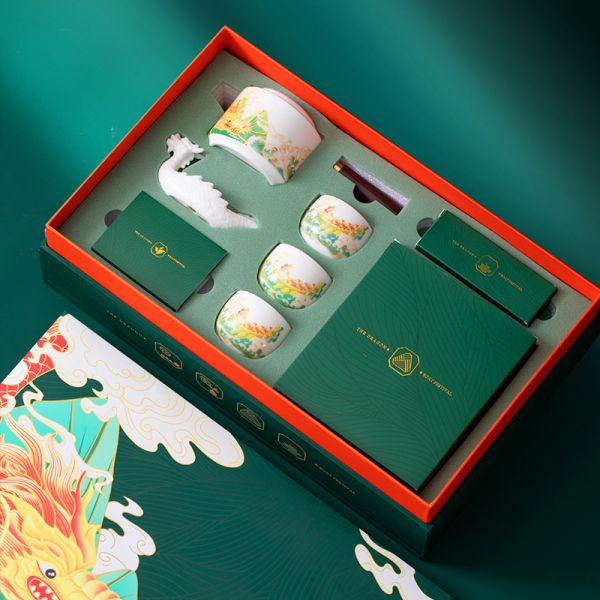 2023端午中式茶具套装 茶壶+茶杯3个+龙舟香插+艾叶香+白茶10g+粽子2个 商务伴手礼