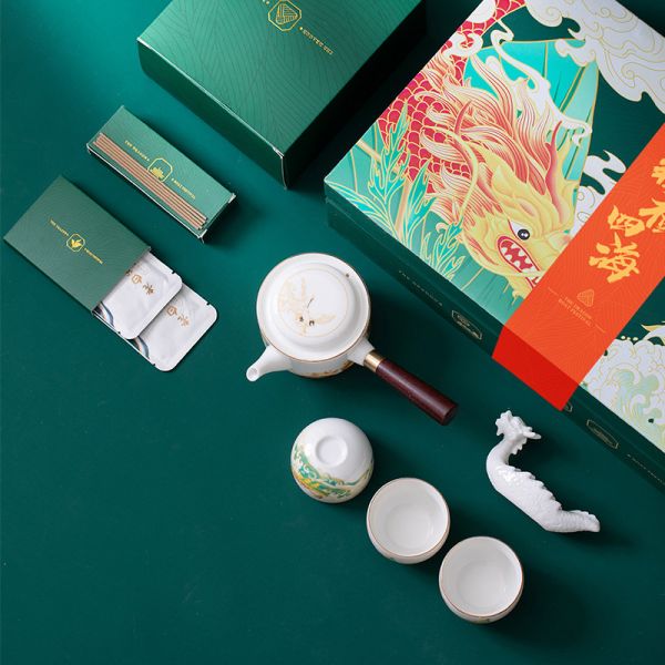 2023端午中式茶具套装 茶壶+茶杯3个+龙舟香插+艾叶香+白茶10g+粽子2个 商务伴手礼3